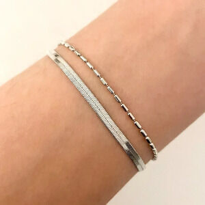 925 Sterling Silver Dainty Bead Bracelet Herringbone Snakechain Layer Bracelet